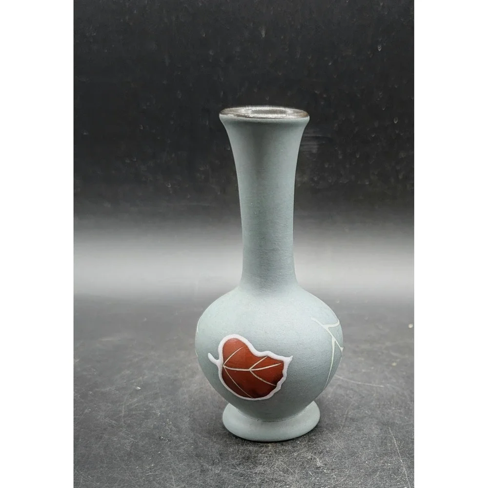 Vintage German Matte Blue Sgraffito Leaf Bud Vase Mid Century Modern Ceramic 5